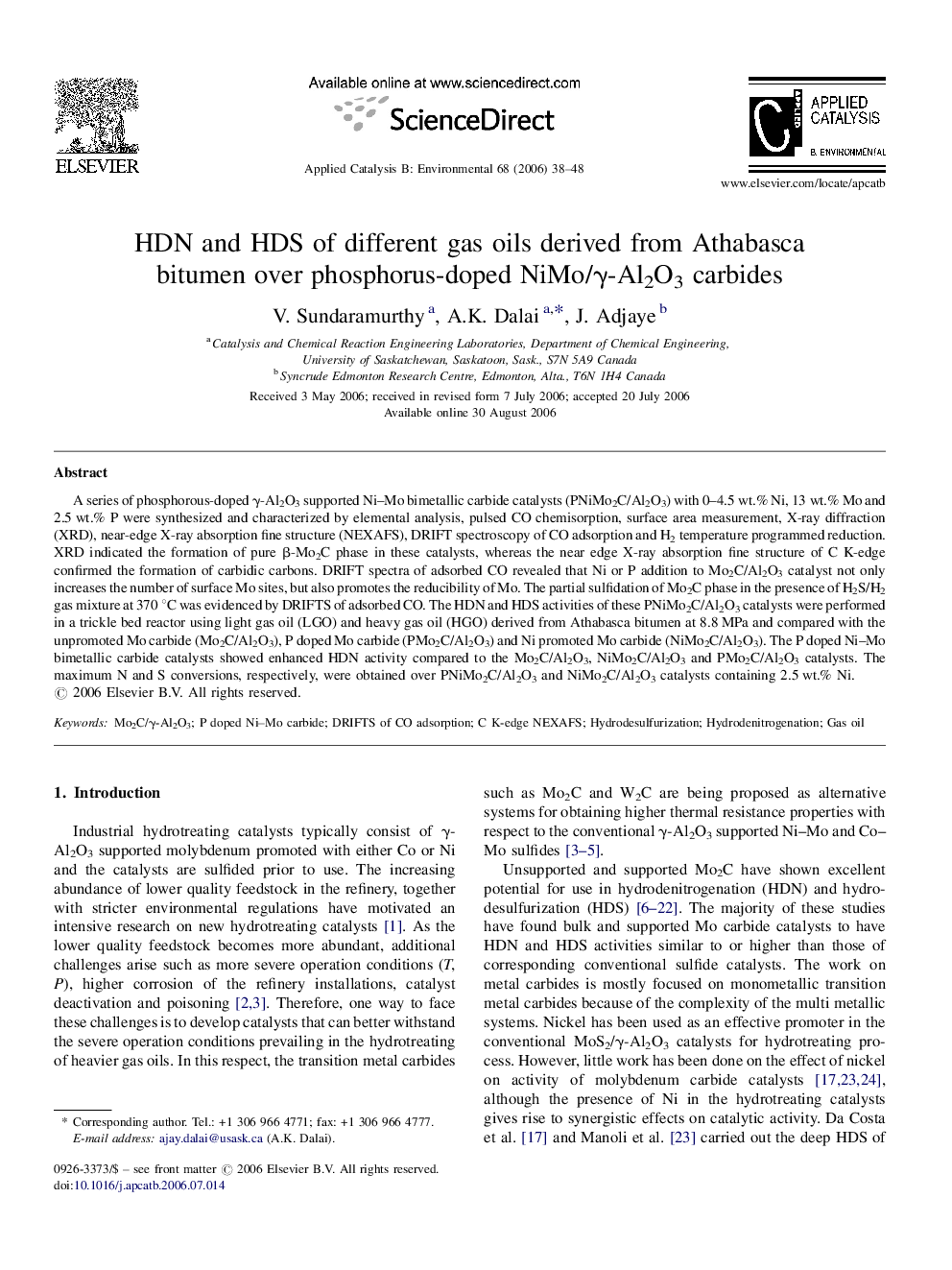 HDN and HDS of different gas oils derived from Athabasca bitumen over phosphorus-doped NiMo/γ-Al2O3 carbides