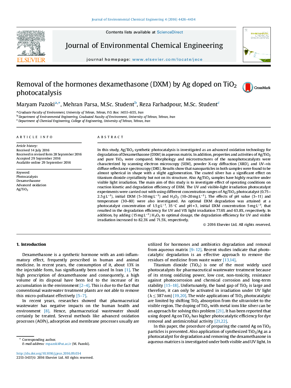 Removal of the hormones dexamethasone (DXM) by Ag doped on TiO2 photocatalysis