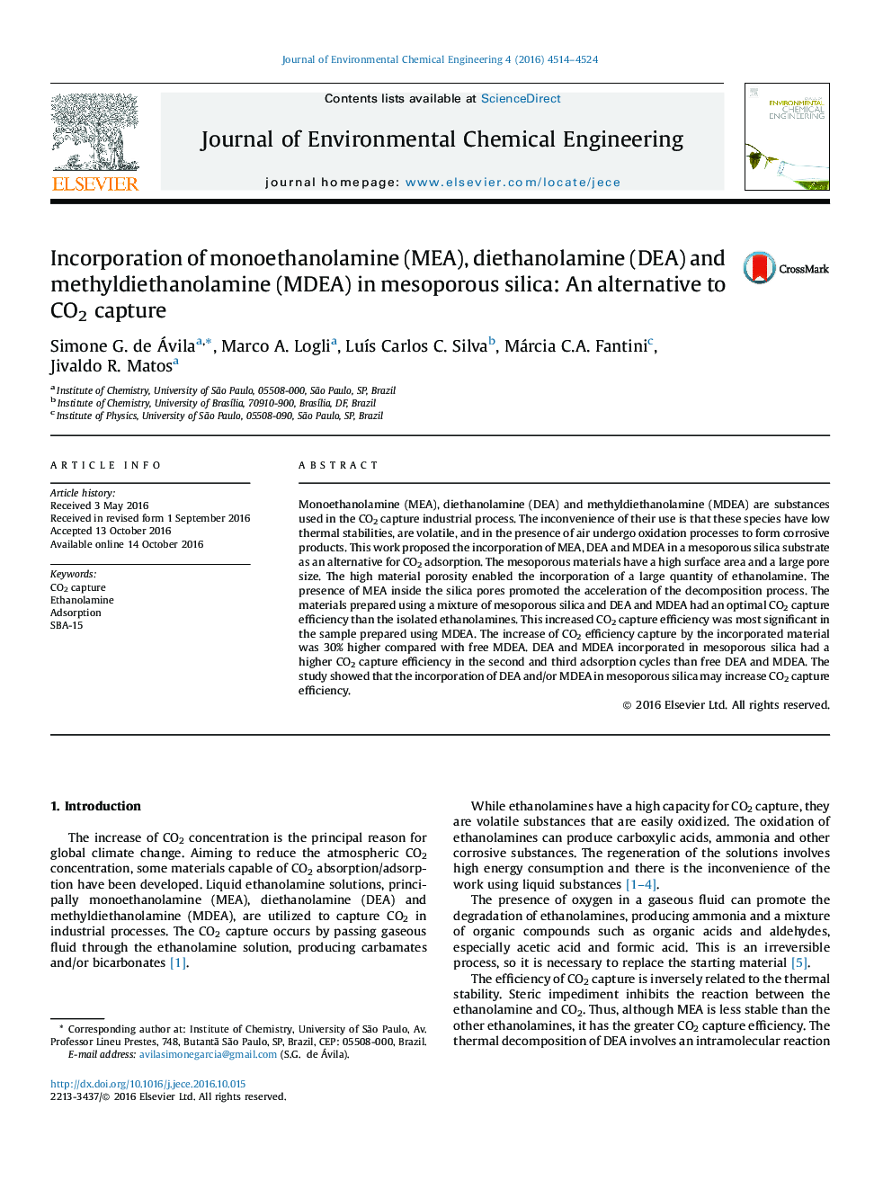 Incorporation of monoethanolamine (MEA), diethanolamine (DEA) and methyldiethanolamine (MDEA) in mesoporous silica: An alternative to CO2 capture