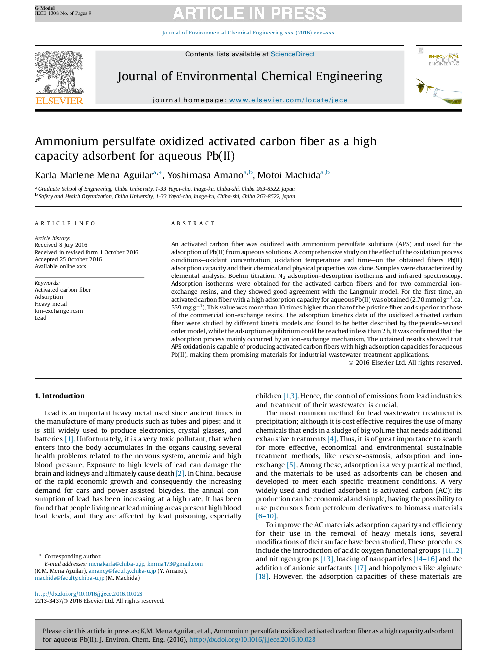 Ammonium persulfate oxidized activated carbon fiber as a high capacity adsorbent for aqueous Pb(II)