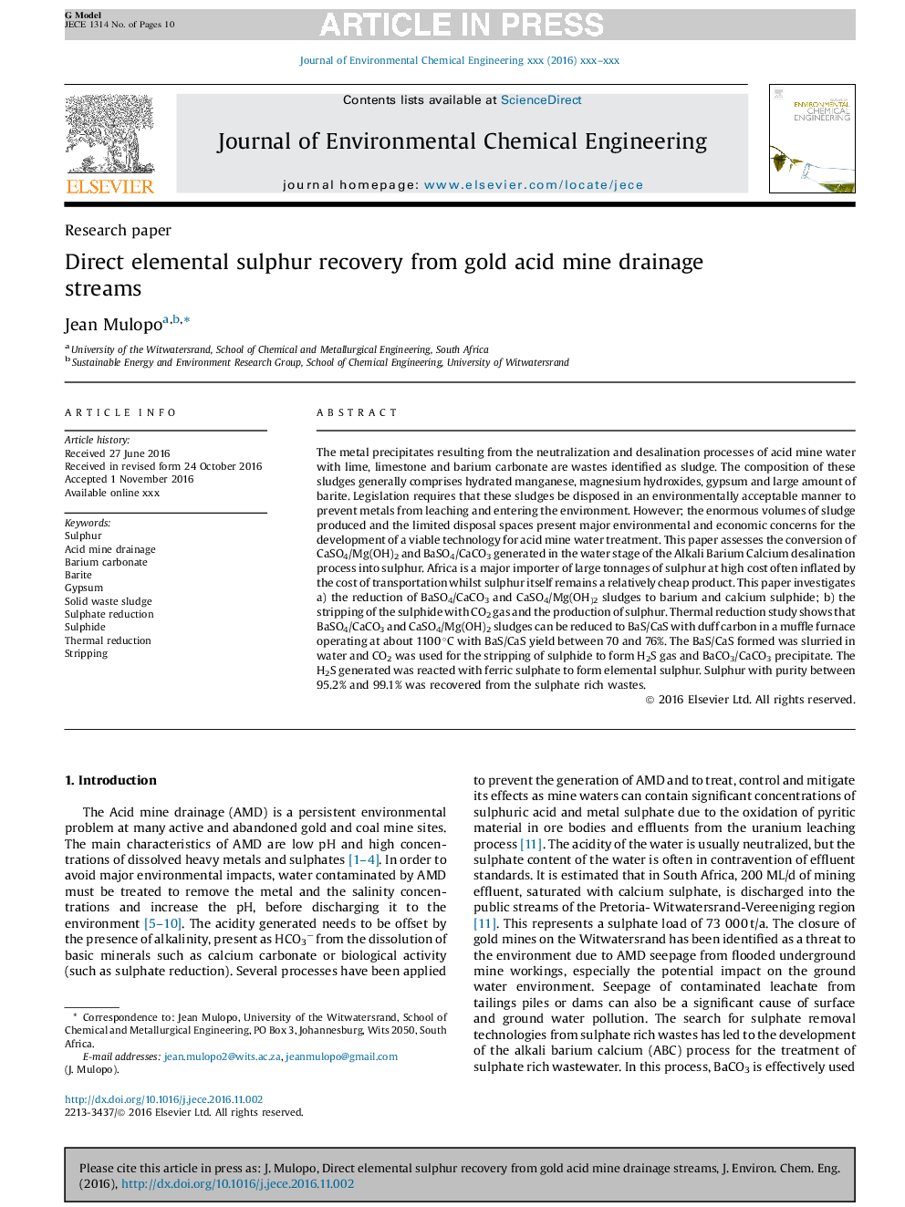عکس صفحه اول مقاله: Direct elemental sulphur recovery from gold acid mine drainage streams Direct elemental sulphur recovery from gold acid mine drainage streams