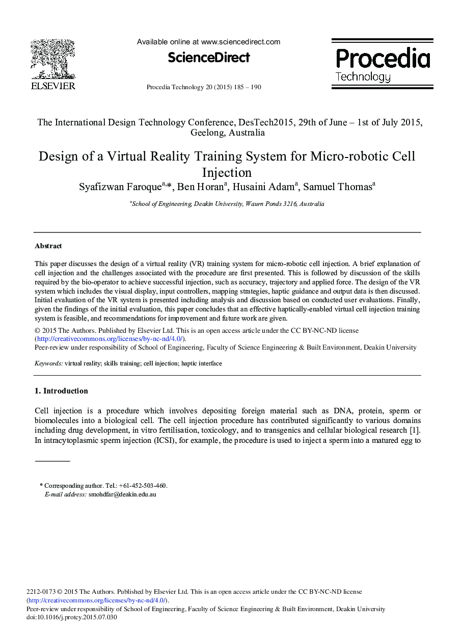 Design of a Virtual Reality Training System for Micro-robotic Cell Injection 