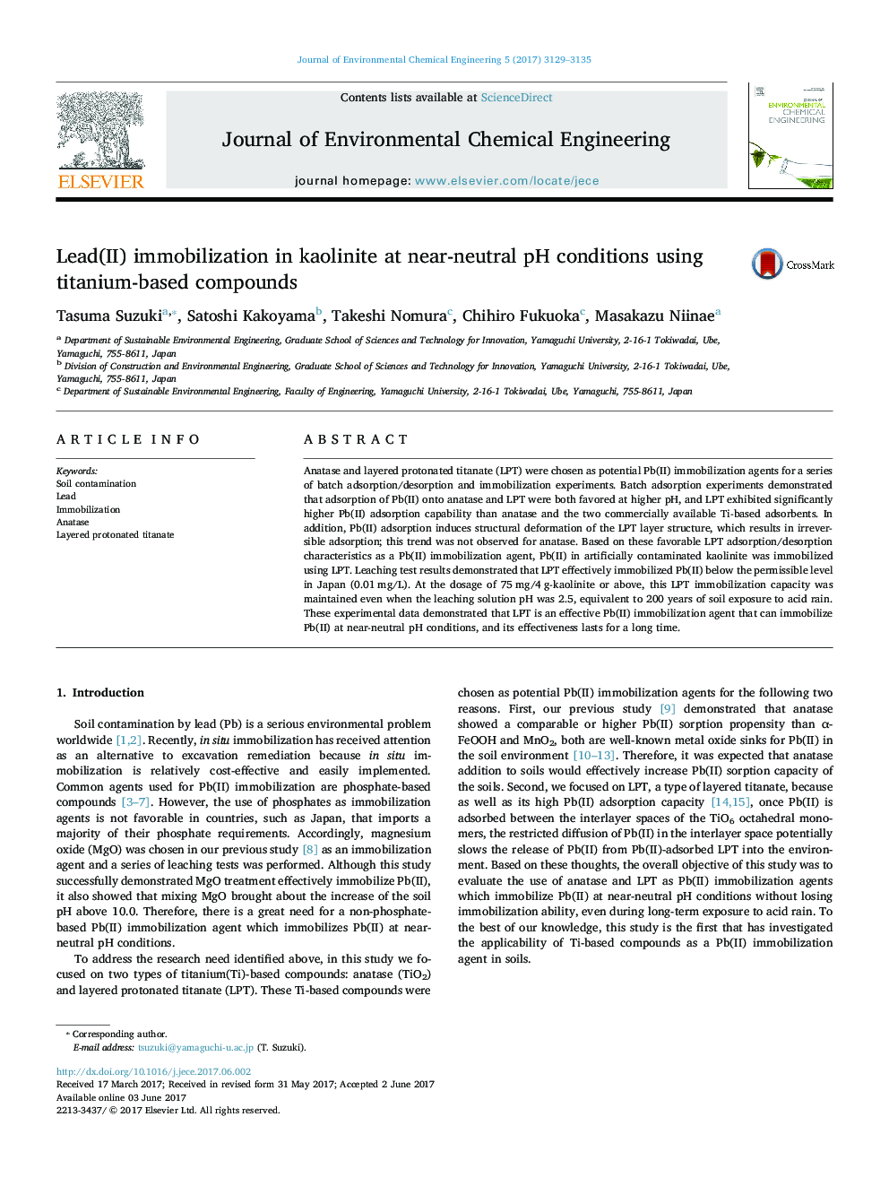 Lead(II) immobilization in kaolinite at near-neutral pH conditions using titanium-based compounds