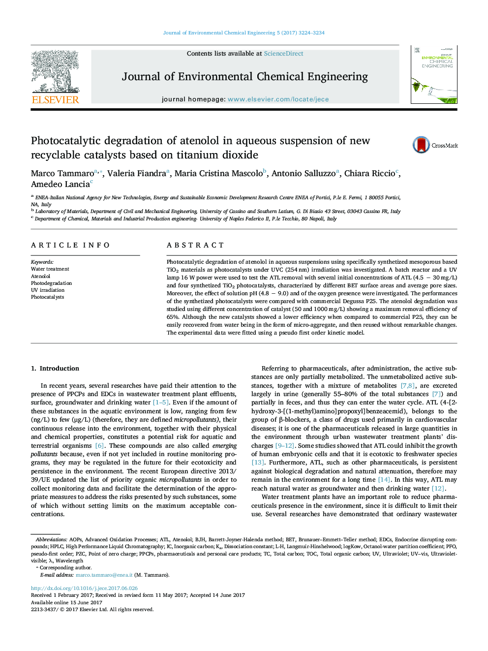 Photocatalytic degradation of atenolol in aqueous suspension of new recyclable catalysts based on titanium dioxide