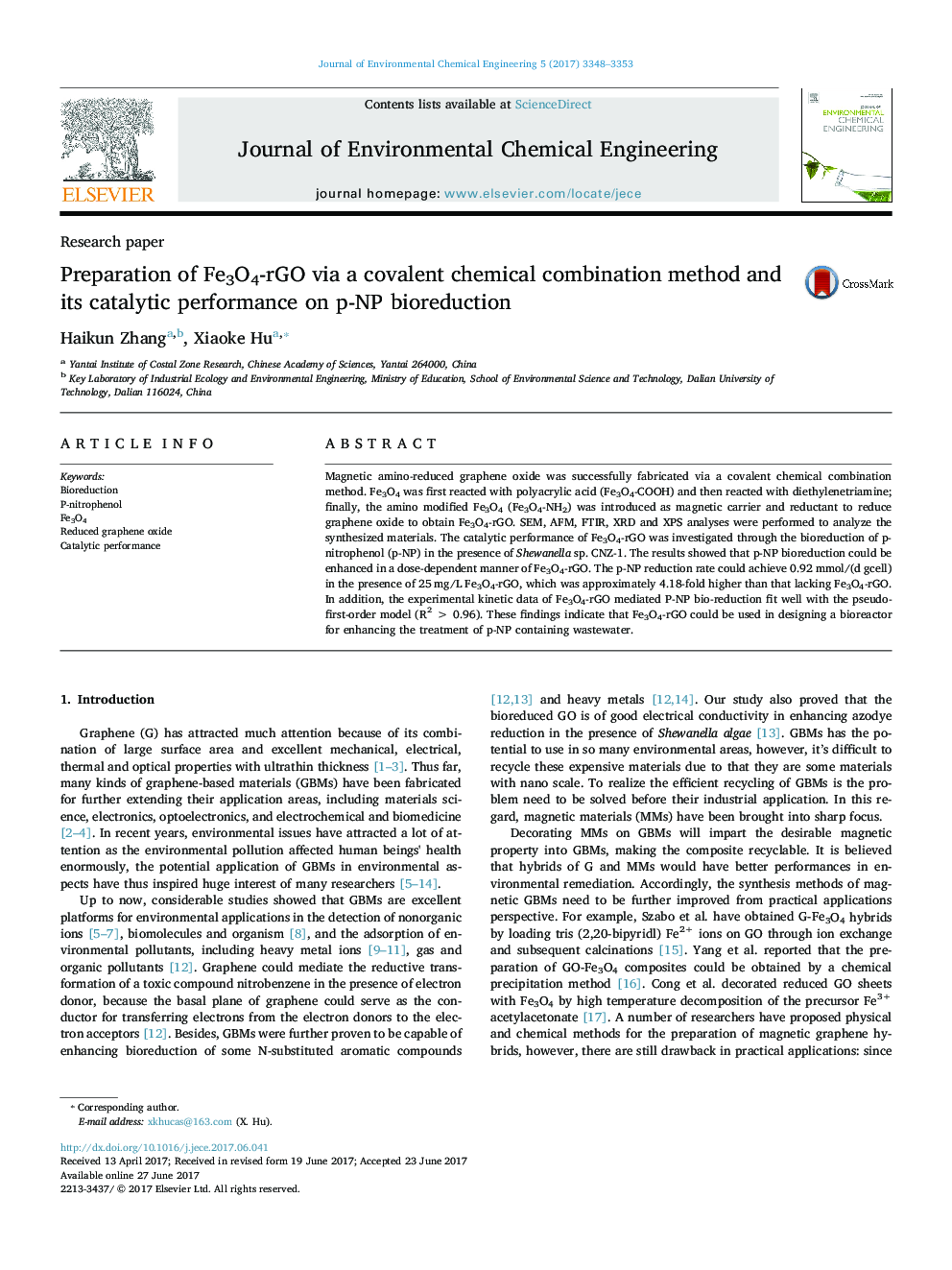 Preparation of Fe3O4-rGO via a covalent chemical combination method and its catalytic performance on p-NP bioreduction