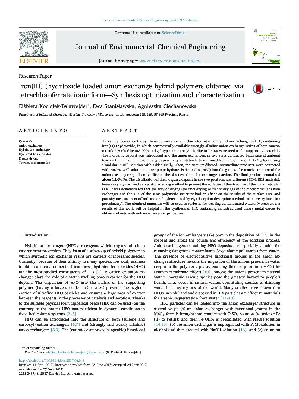 Iron(III) (hydr)oxide loaded anion exchange hybrid polymers obtained via tetrachloroferrate ionic form-Synthesis optimization and characterization