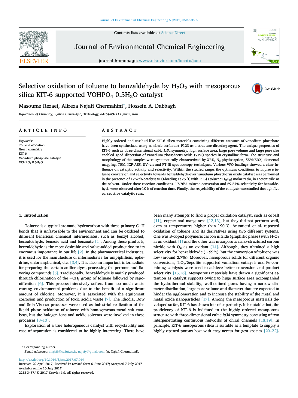 Selective oxidation of toluene to benzaldehyde by H2O2 with mesoporous silica KIT-6 supported VOHPO4 0.5H2O catalyst