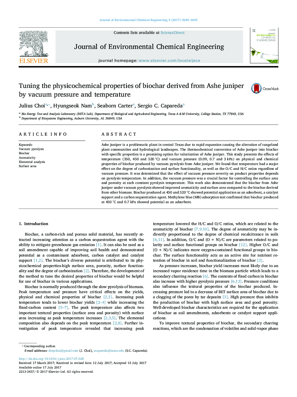 Tuning the physicochemical properties of biochar derived from Ashe juniper by vacuum pressure and temperature