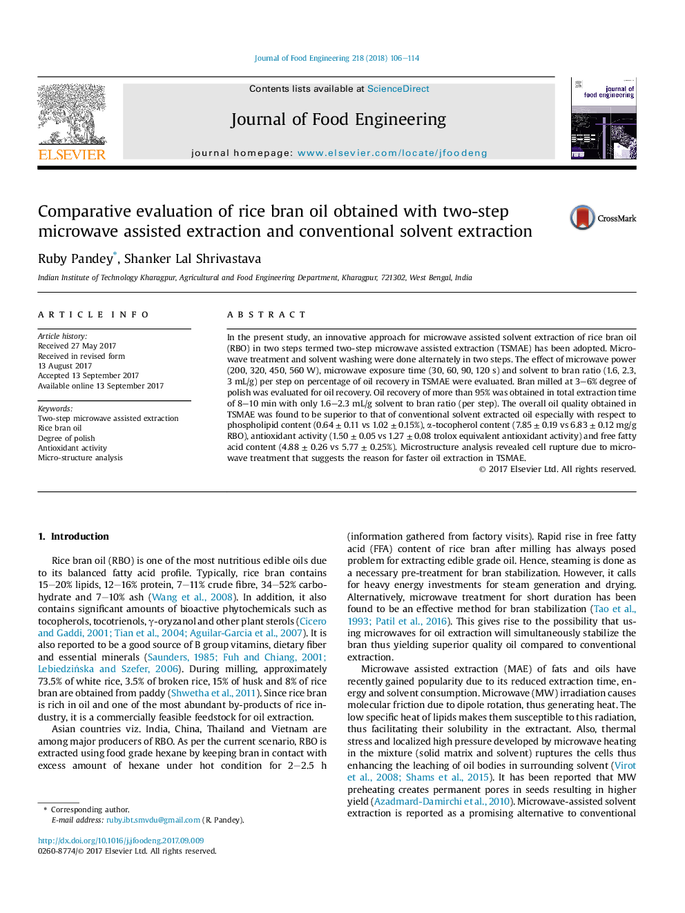 Comparative evaluation of rice bran oil obtained with two-step microwave assisted extraction and conventional solvent extraction