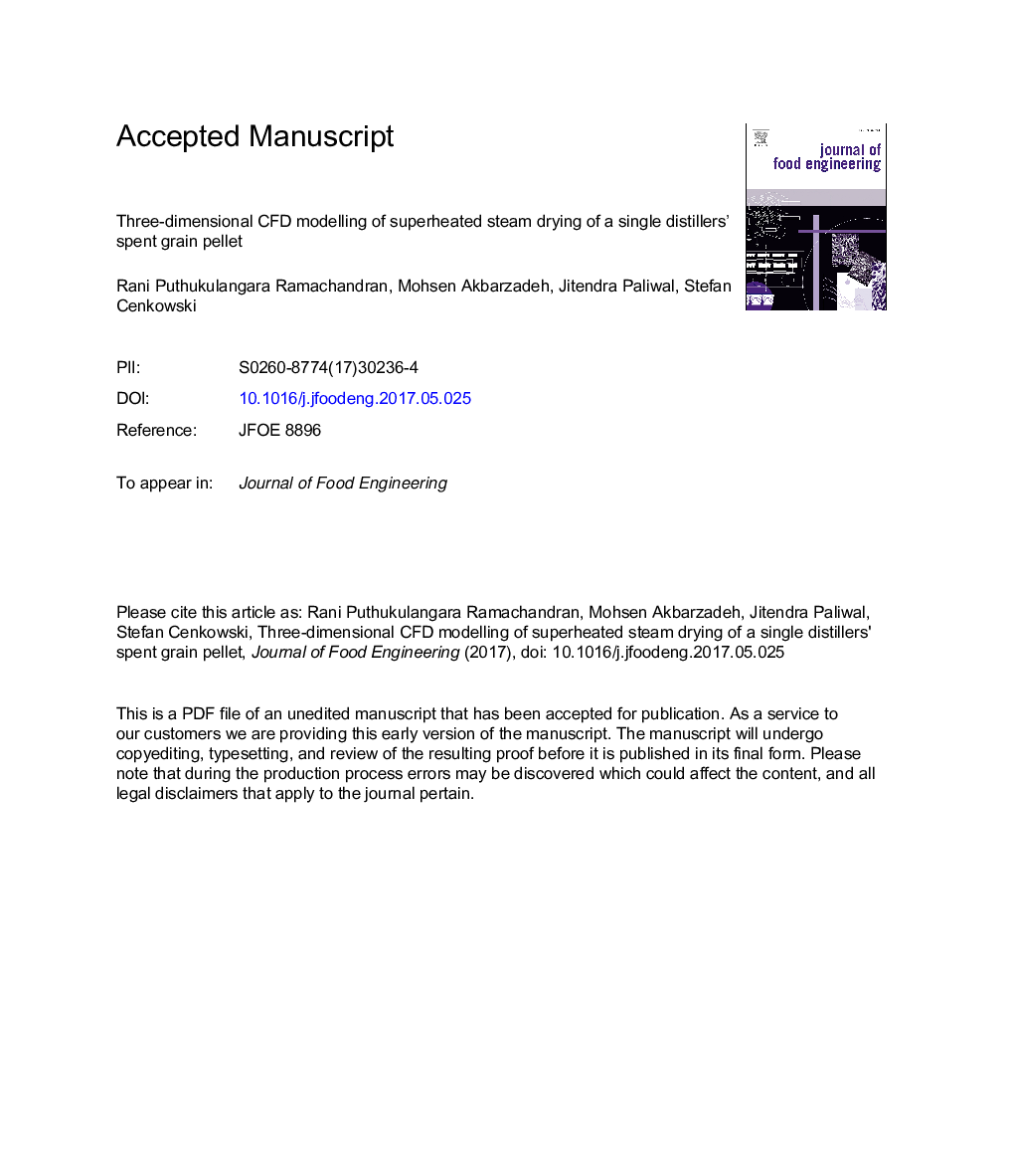 Three-dimensional CFD modelling of superheated steam drying of a single distillers' spent grain pellet