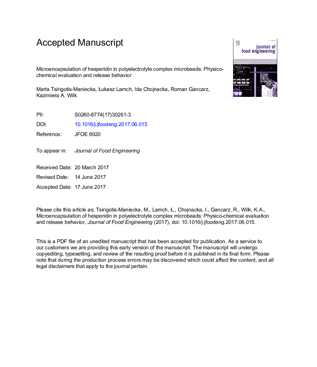 Microencapsulation of hesperidin in polyelectrolyte complex microbeads: Physico-chemical evaluation and release behavior