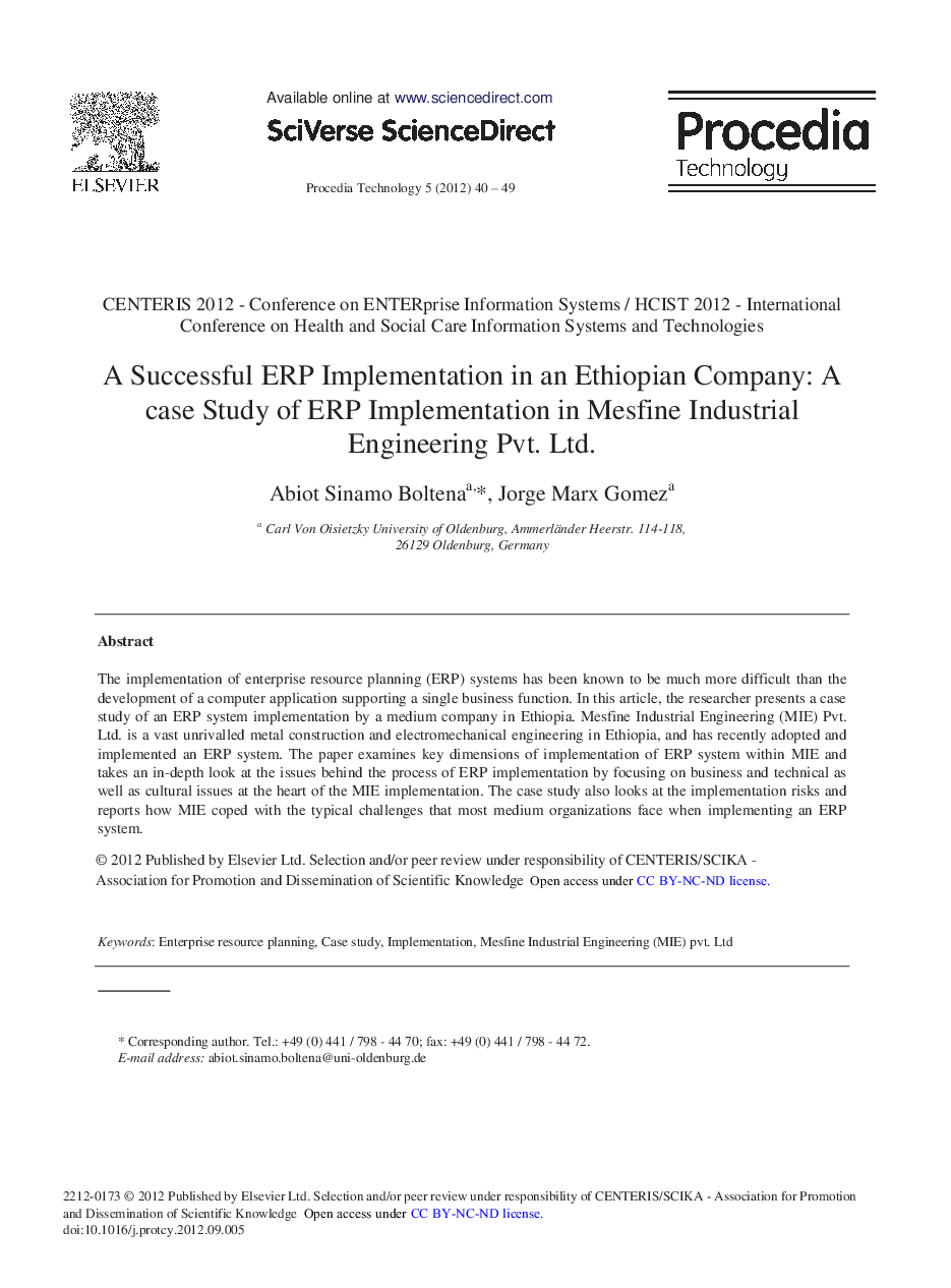 A Successful ERP Implementation in an Ethiopian Company: A case Study of ERP Implementation in Mesfine Industrial Engineering Pvt. Ltd