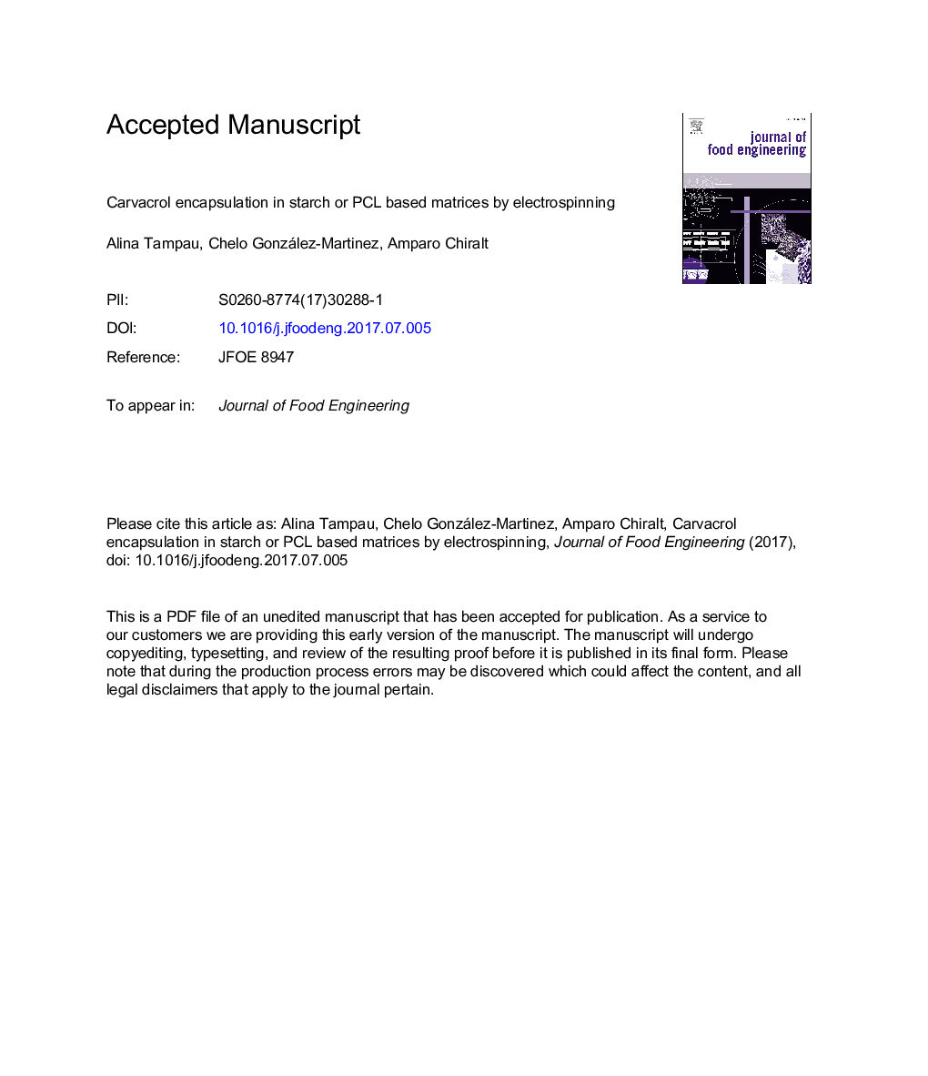 Carvacrol encapsulation in starch or PCL based matrices by electrospinning