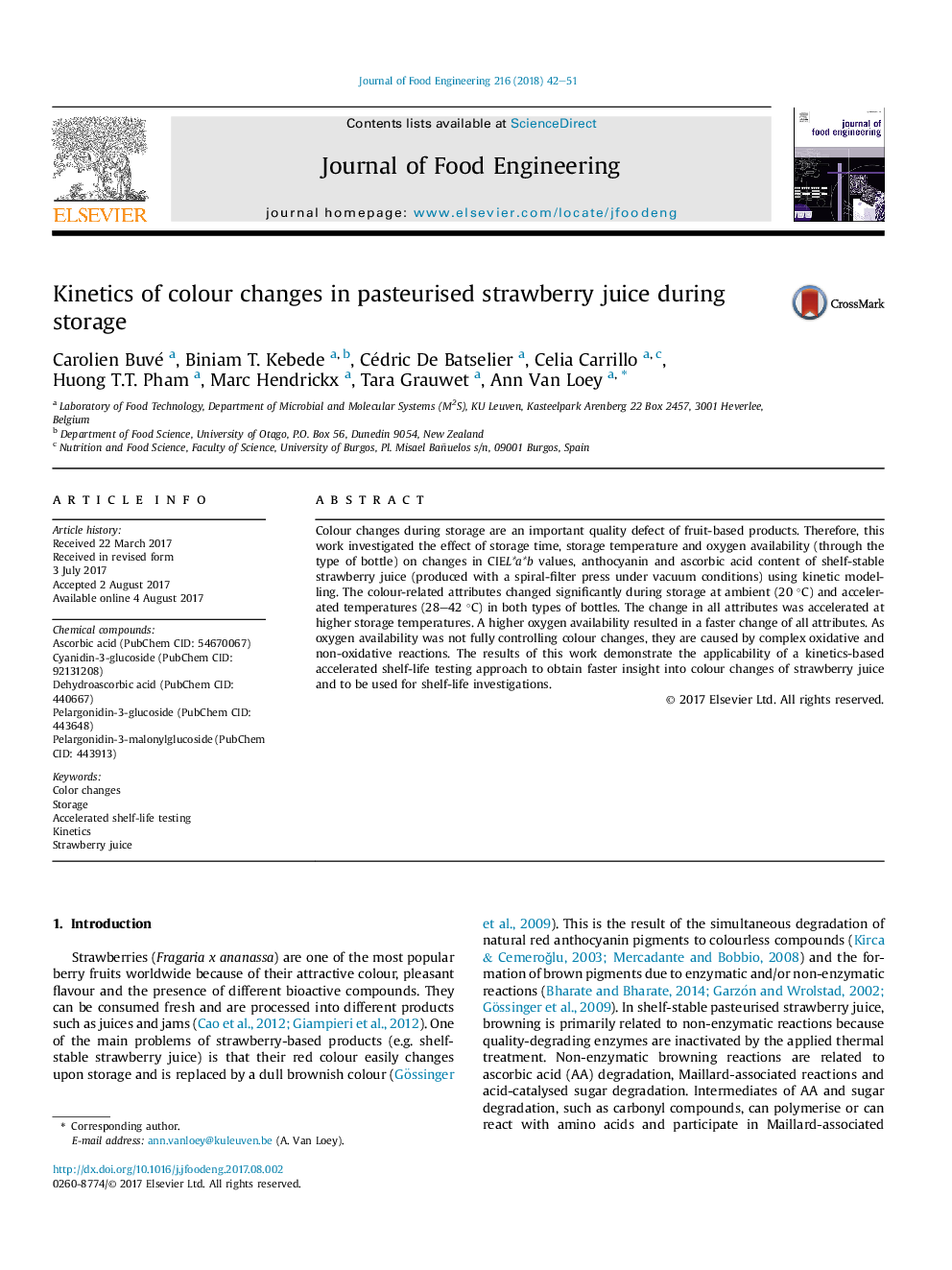 Kinetics of colour changes in pasteurised strawberry juice during storage