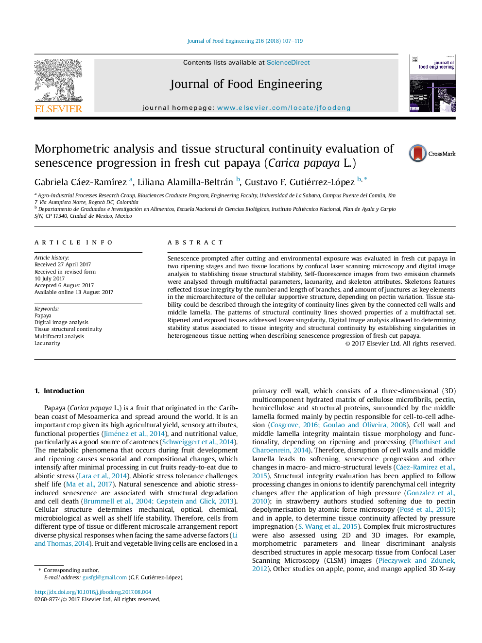 Morphometric analysis and tissue structural continuity evaluation of senescence progression in fresh cut papaya (Carica papaya L.)