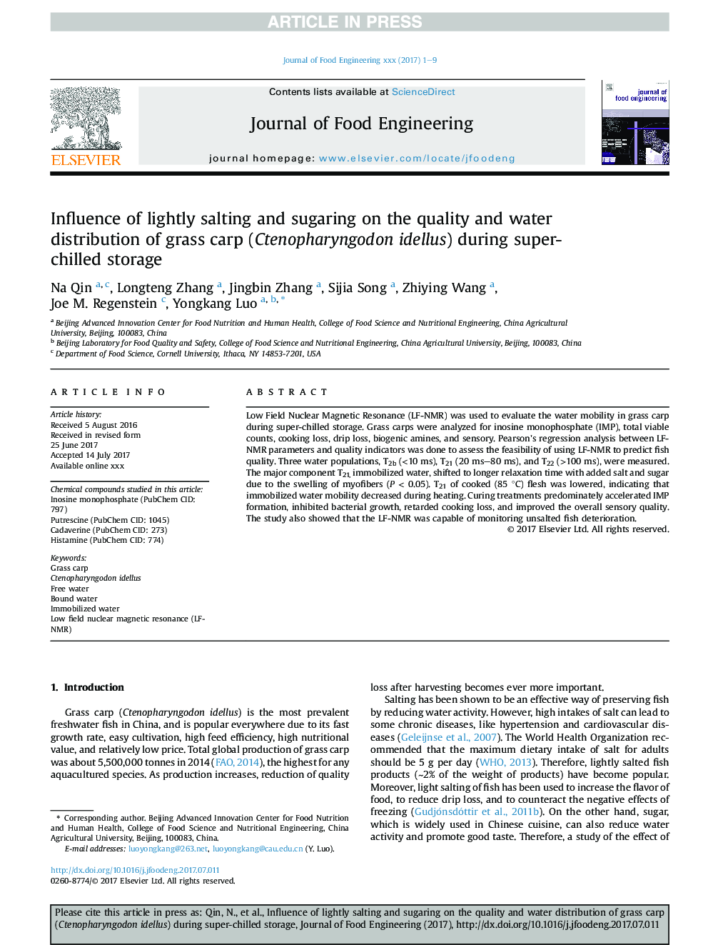 Influence of lightly salting and sugaring on the quality and water distribution of grass carp (Ctenopharyngodon idellus) during super-chilled storage