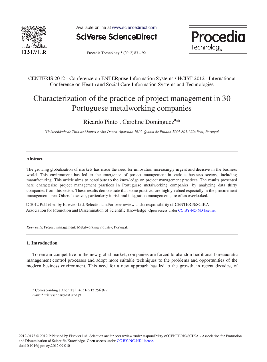 Characterization of the Practice of Project Management in 30 Portuguese Metalworking Companies