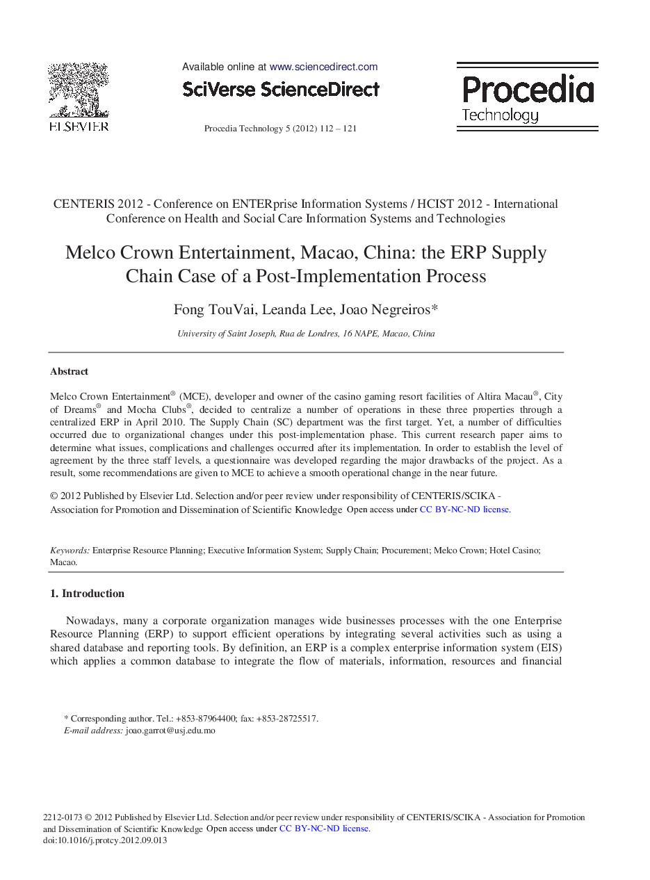 Melco Crown Entertainment, Macao, China: the ERP Supply Chain Case of a Post-Implementation Process