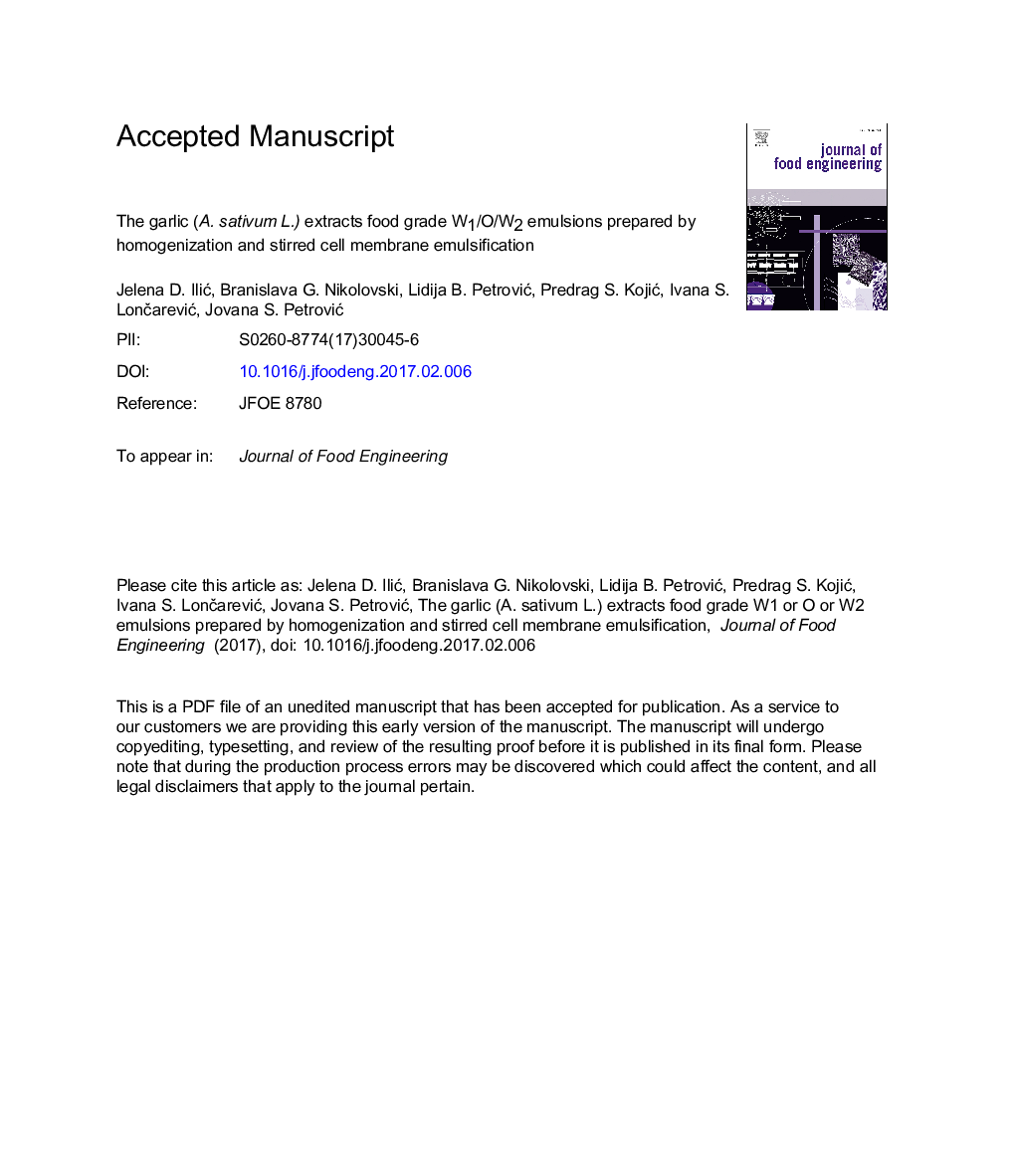 The garlic (A.Â sativum L.) extracts food grade W1/O/W2 emulsions prepared by homogenization and stirred cell membrane emulsification