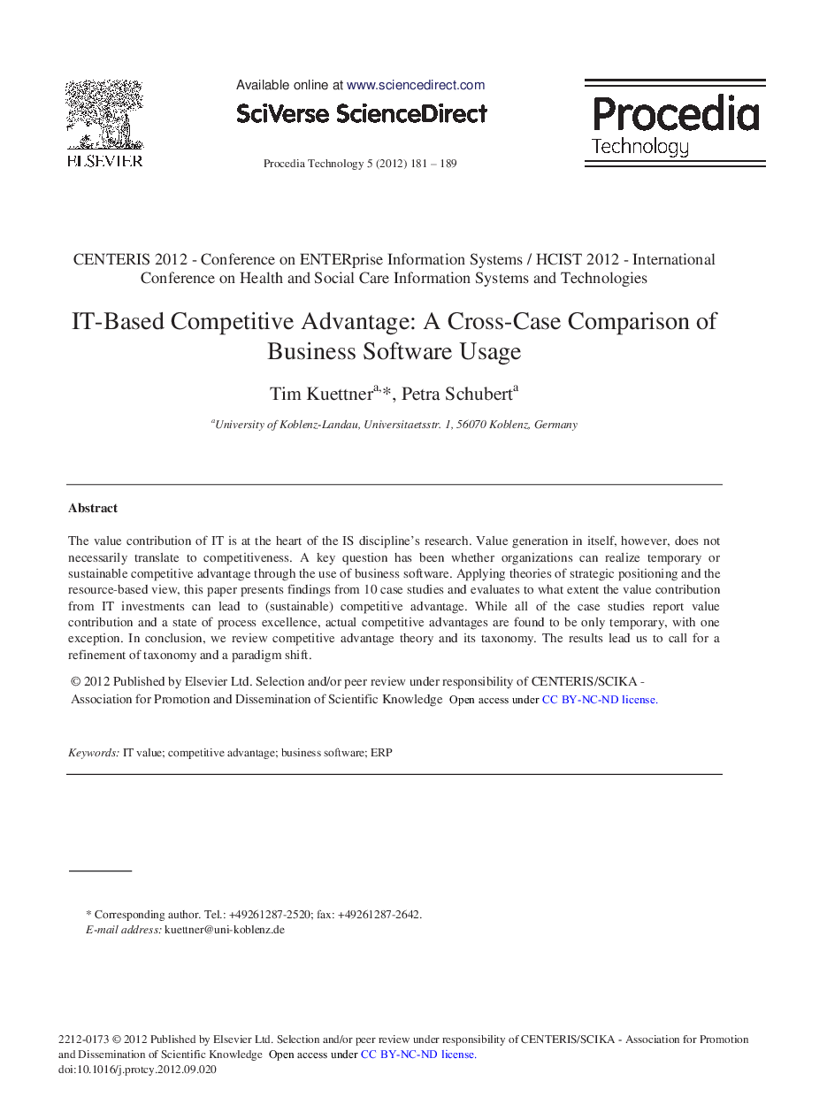 IT-Based Competitive Advantage: A Cross-Case Comparison of Business Software Usage