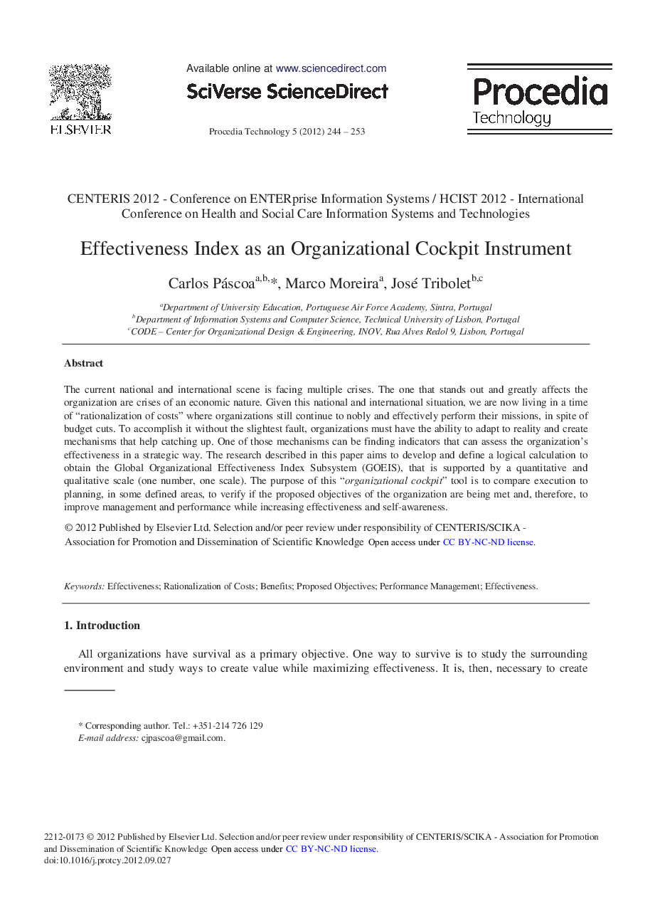 Effectiveness Index as an Organizational Cockpit Instrument