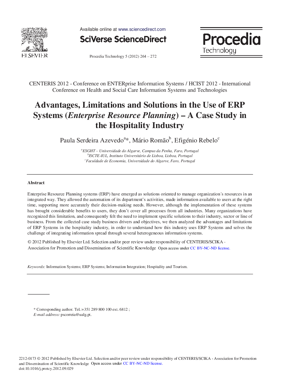 Advantages, Limitations and Solutions in the Use of ERP Systems (Enterprise Resource Planning) – A Case Study in the Hospitality Industry