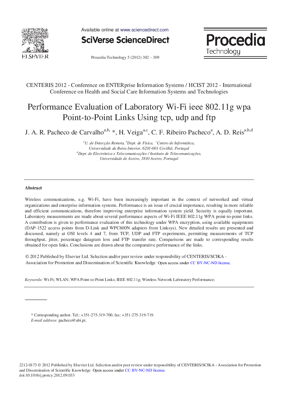 Performance Evaluation of Laboratory Wi-Fi ieee 802.11 g wpa Point-to-Point Links Using TCP, UDP and FTP