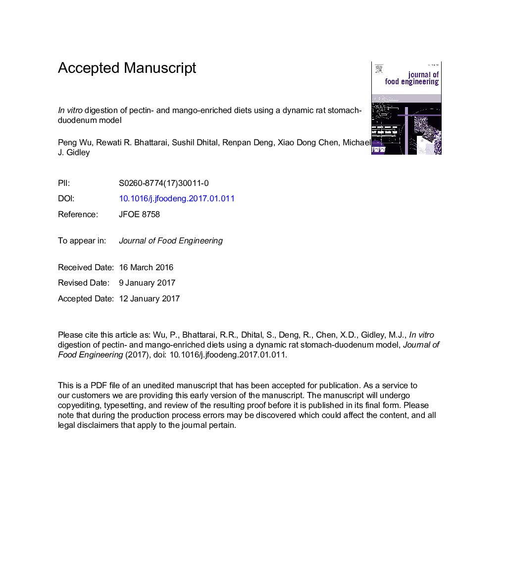 InÂ vitro digestion of pectin- and mango-enriched diets using a dynamic rat stomach-duodenum model