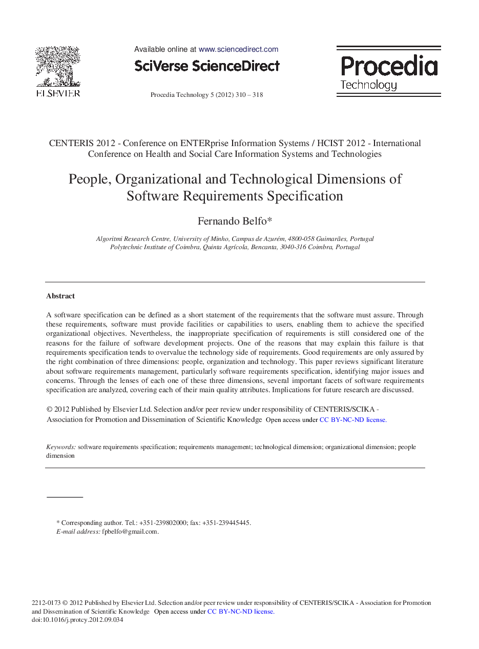 People, Organizational and Technological Dimensions of Software Requirements Specification
