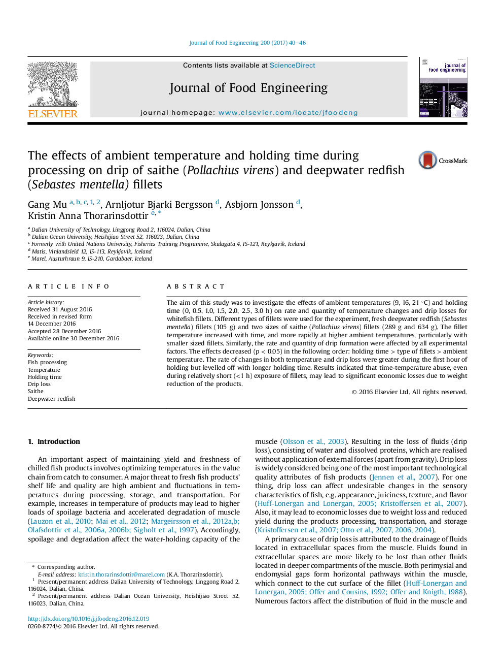 The effects of ambient temperature and holding time during processing on drip of saithe (Pollachius virens) and deepwater redfish (Sebastes mentella) fillets