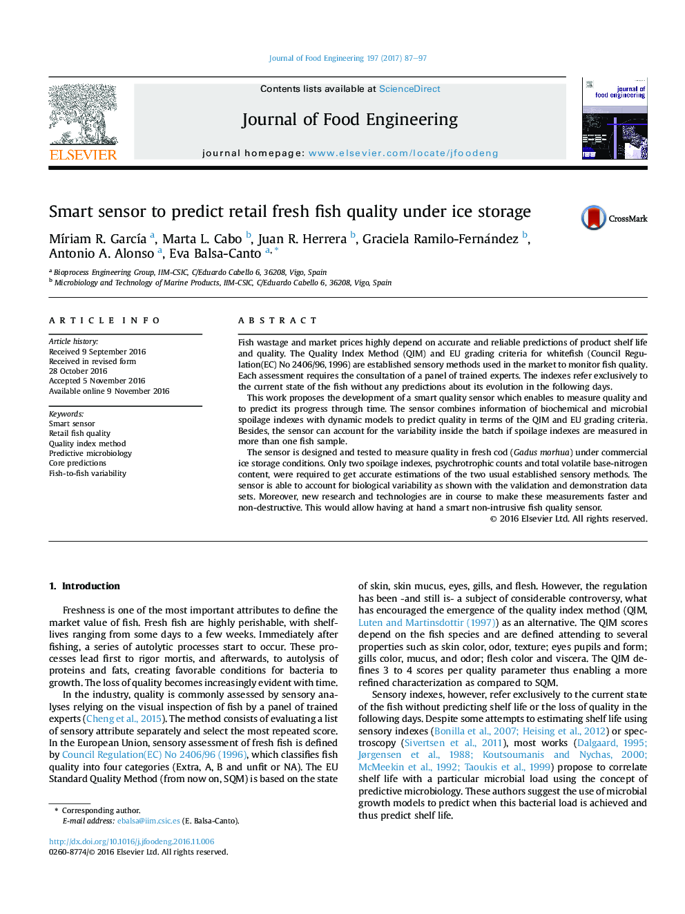 Smart sensor to predict retail fresh fish quality under ice storage