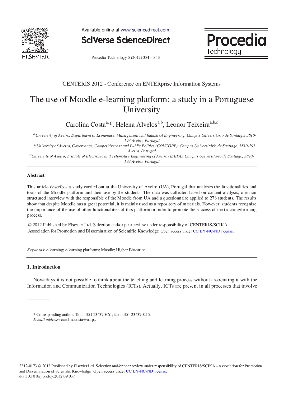 The Use of Moodle e-learning Platform: A Study in a Portuguese University