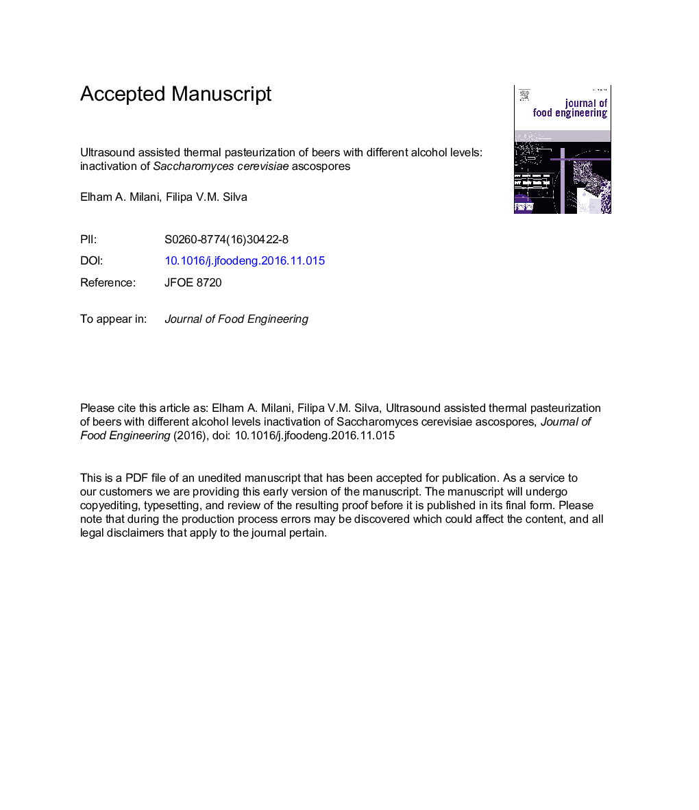 Ultrasound assisted thermal pasteurization of beers with different alcohol levels: Inactivation of Saccharomyces cerevisiae ascospores