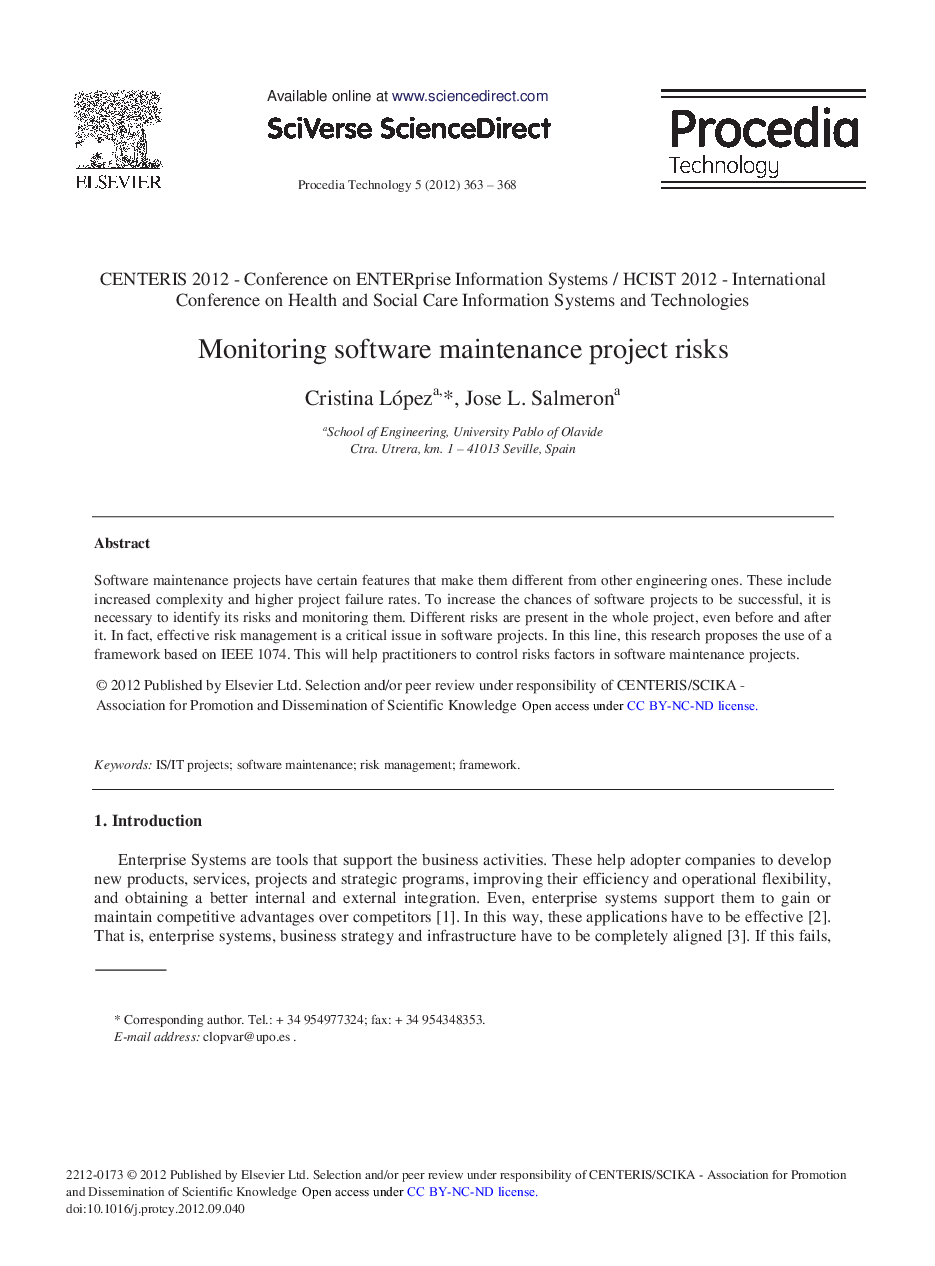 Monitoring Software Maintenance Project Risks
