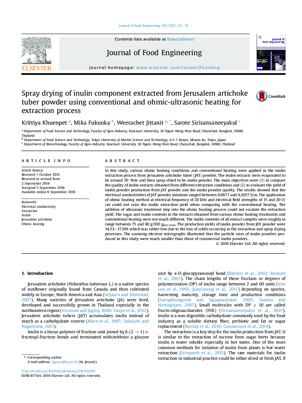 Spray drying of inulin component extracted from Jerusalem artichoke tuber powder using conventional and ohmic-ultrasonic heating for extraction process