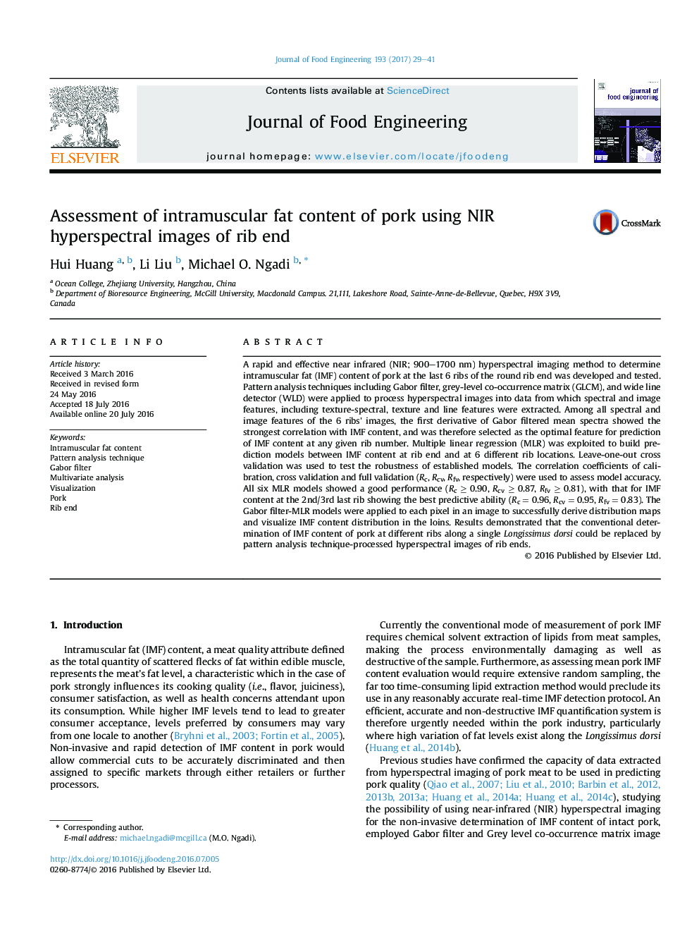 Assessment of intramuscular fat content of pork using NIR hyperspectral images of rib end