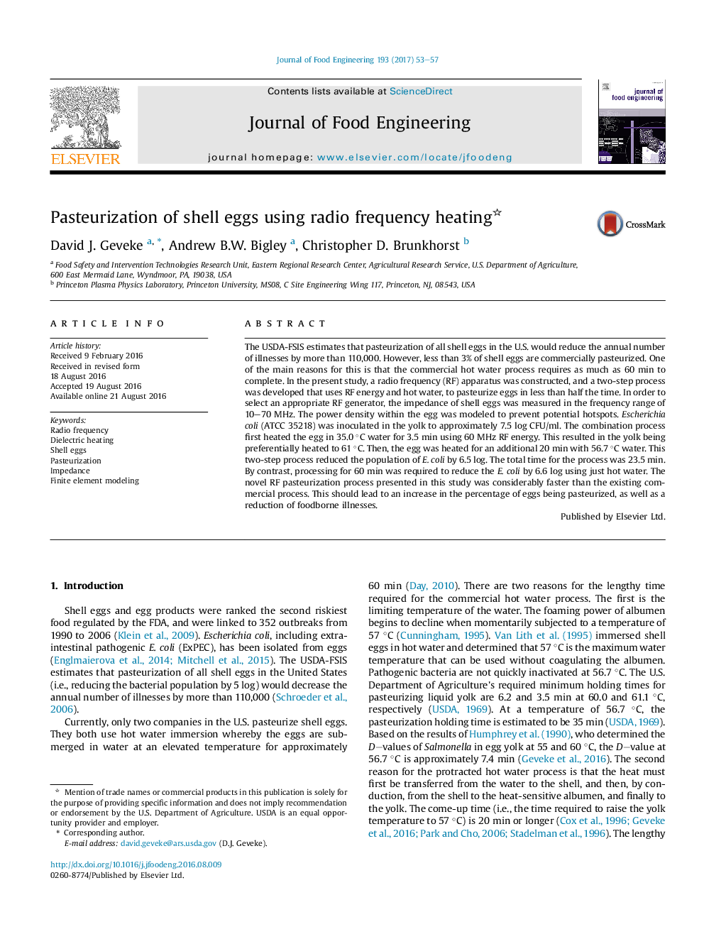 Pasteurization of shell eggs using radio frequency heating