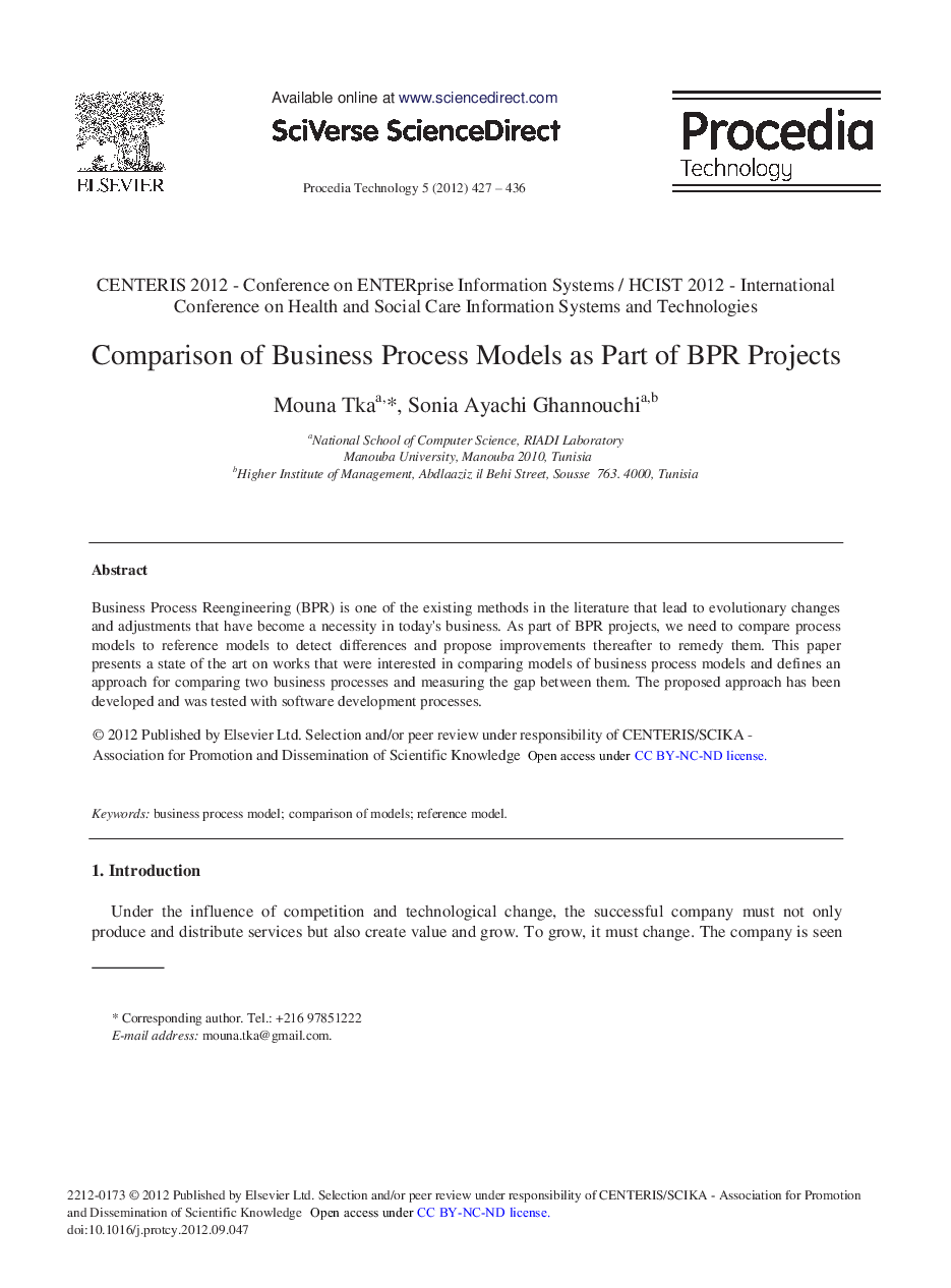 Comparison of Business Process Models as Part of BPR Projects