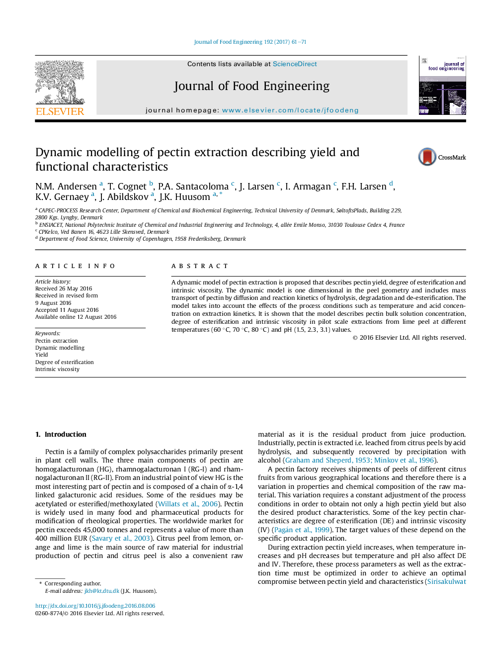 Dynamic modelling of pectin extraction describing yield and functional characteristics