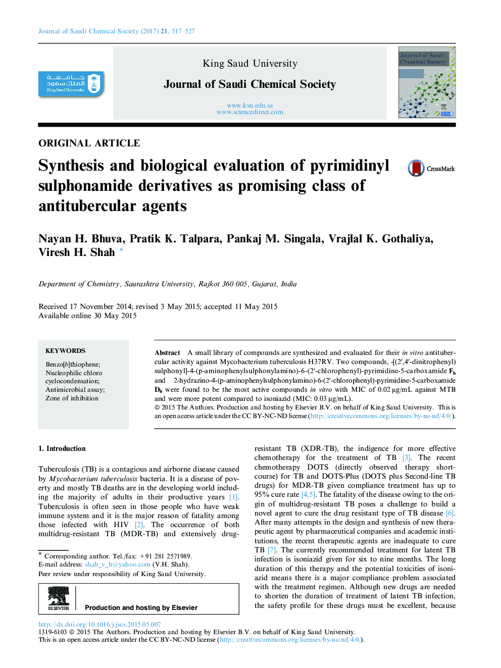 Synthesis and biological evaluation of pyrimidinyl sulphonamide derivatives as promising class of antitubercular agents