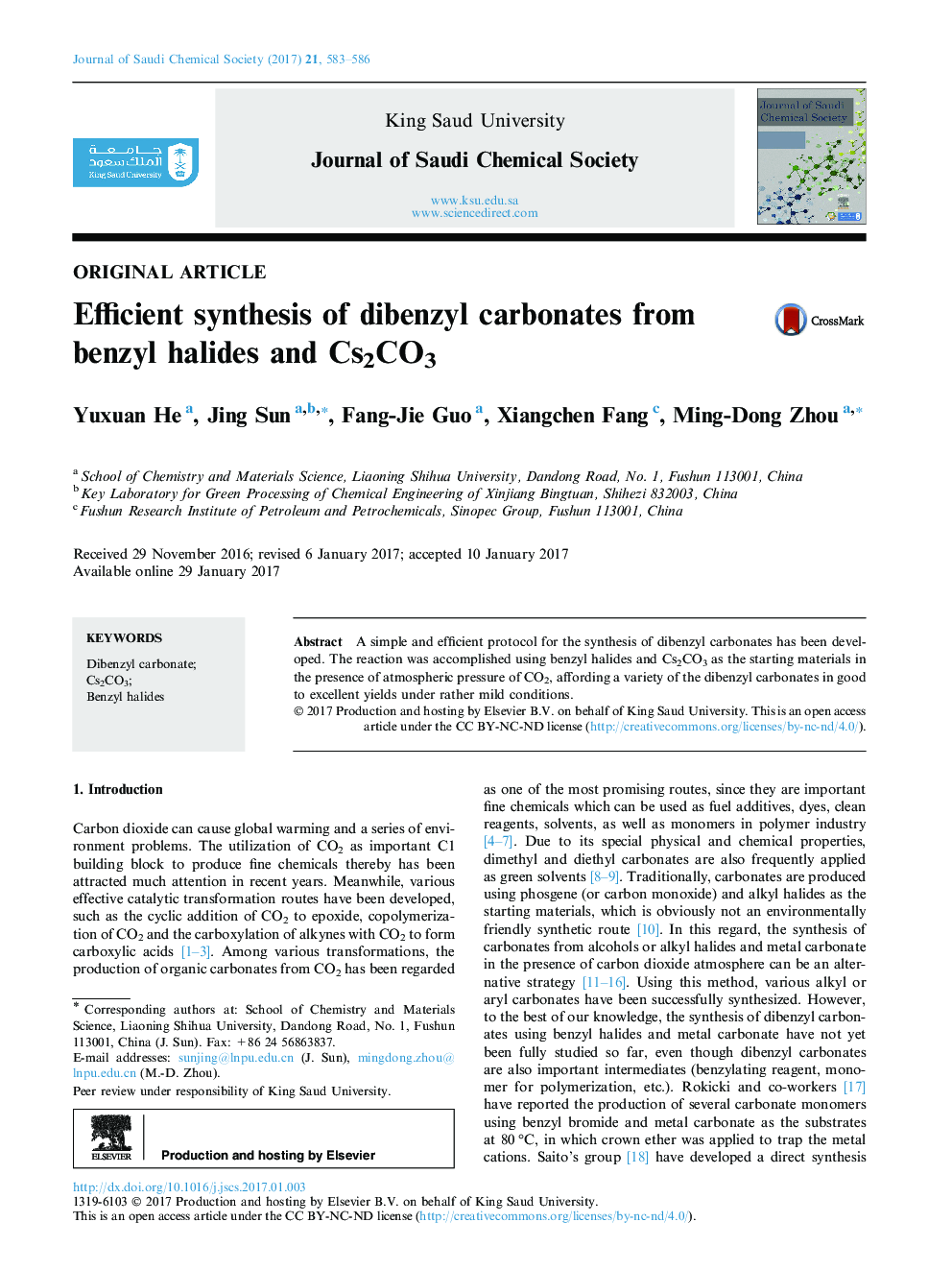 Efficient synthesis of dibenzyl carbonates from benzyl halides and Cs2CO3
