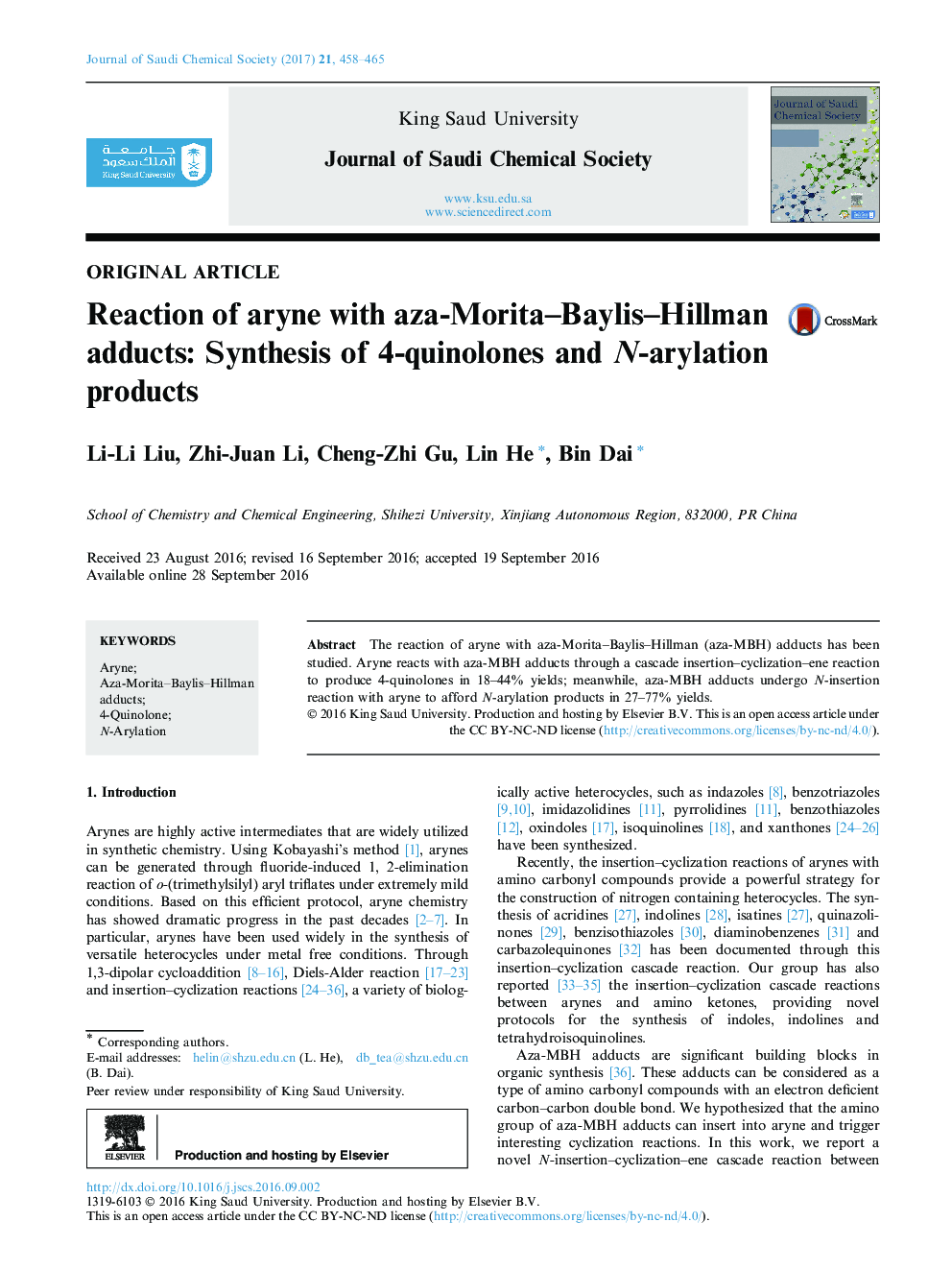 Original articleReaction of aryne with aza-Morita-Baylis-Hillman adducts: Synthesis of 4-quinolones and N-arylation products