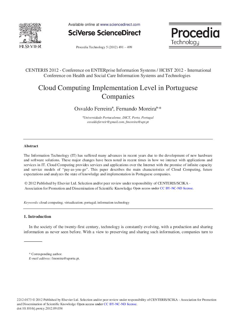Cloud Computing Implementation Level in Portuguese Companies