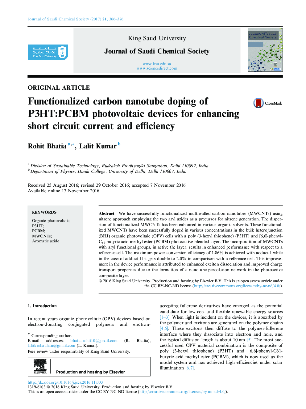 Functionalized carbon nanotube doping of P3HT:PCBM photovoltaic devices for enhancing short circuit current and efficiency