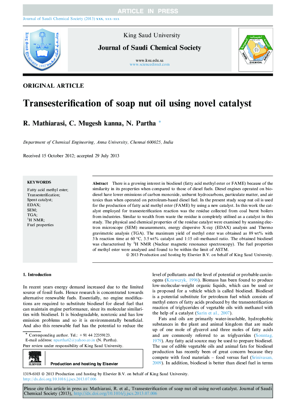 Transesterification of soap nut oil using novel catalyst