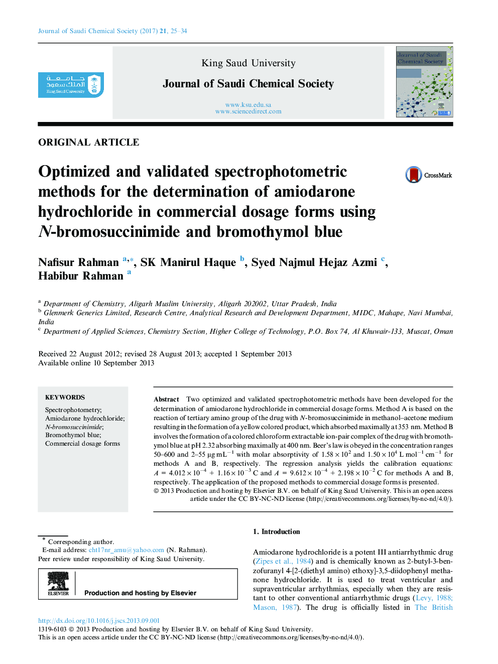 Optimized and validated spectrophotometric methods for the determination of amiodarone hydrochloride in commercial dosage forms using N-bromosuccinimide and bromothymol blue