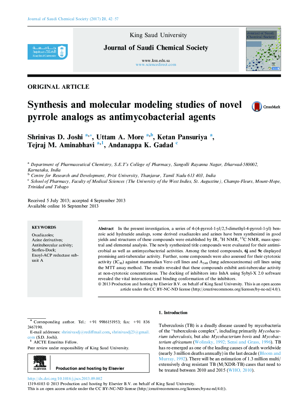 Synthesis and molecular modeling studies of novel pyrrole analogs as antimycobacterial agents