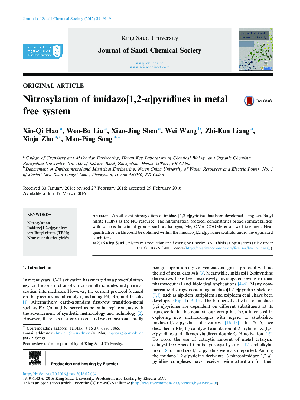 Nitrosylation of imidazo[1,2-a]pyridines in metal free system