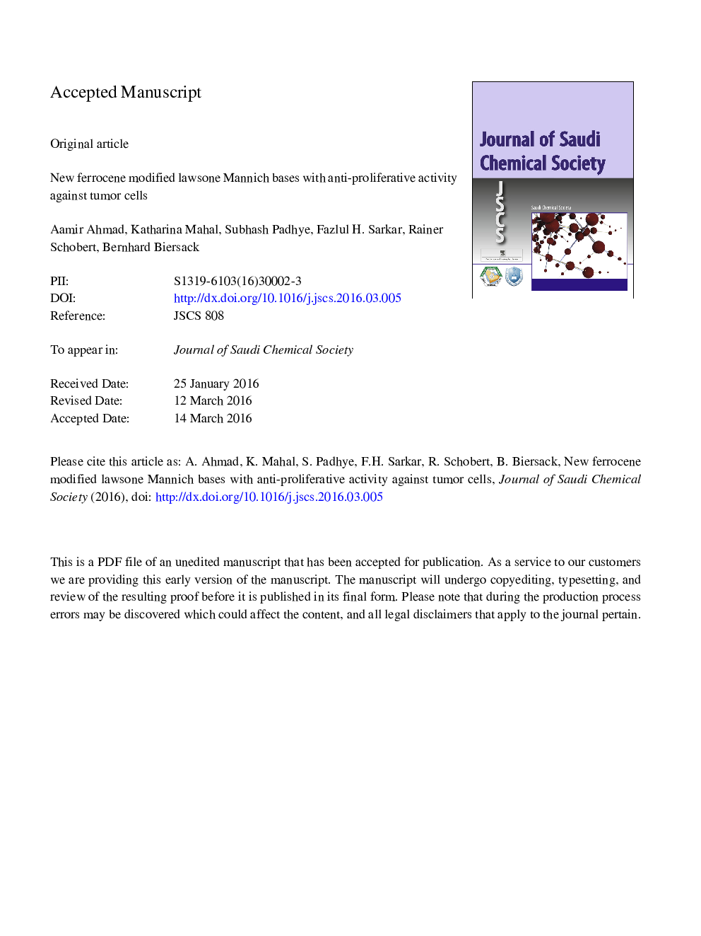 New ferrocene modified lawsone Mannich bases with anti-proliferative activity against tumor cells