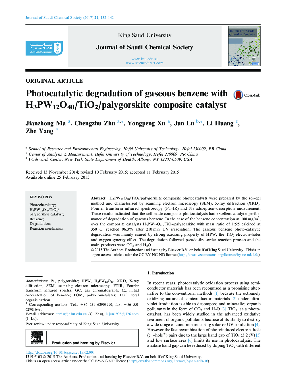 Photocatalytic degradation of gaseous benzene with H3PW12O40/TiO2/palygorskite composite catalyst
